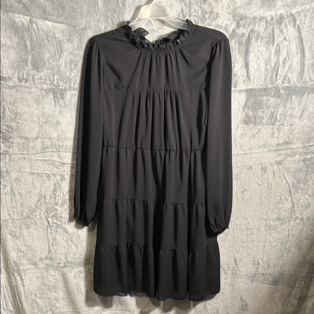 Elegant Black Tiered Dress women's small sheer long sleeves midi length